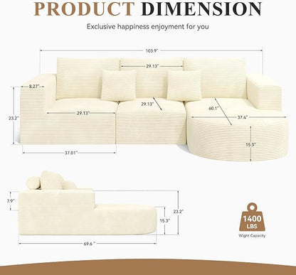 L-Shaped Boneless Couch,104" Couches for Living Room with Curved Chaise,Modular Sectional Sofa with Deep Seat,Modern Cozy Cloud Compression Sofas,No Assembly Required(Beige) 1PCS