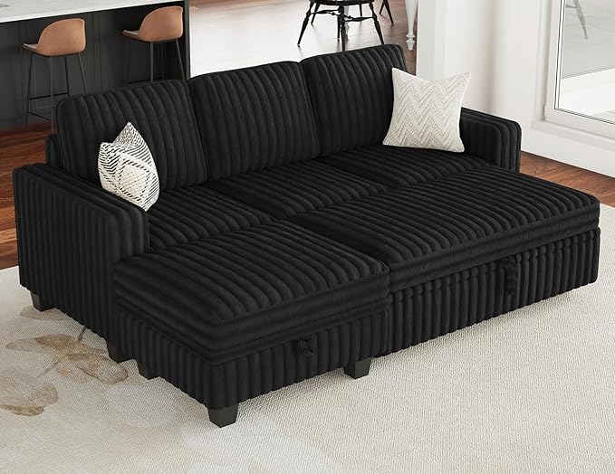 Belffin Corduroy Modular Sectional Sleeper Sofa with Pull Out Bed Small Sectional Couches with Storage for Living Room Apartment Couch. Black Couch