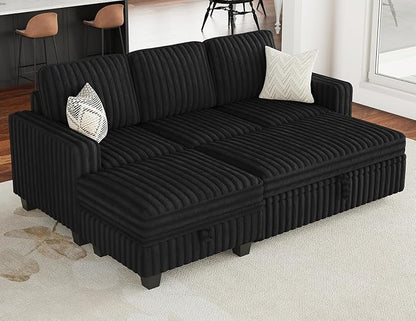 Belffin Corduroy Modular Sectional Sleeper Sofa with Pull Out Bed Small Sectional Couches with Storage for Living Room Apartment Couch. Black Couch