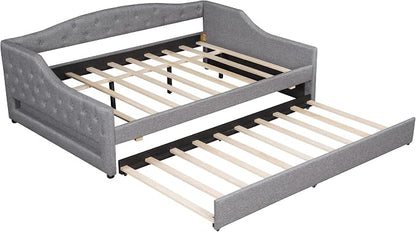 Merax Full XL Size Modern Upholstered Platform Bed with Trundle Bed, Linen Daybed with Wood Slat Support, Storage Bed Frame with Headboard/Gray