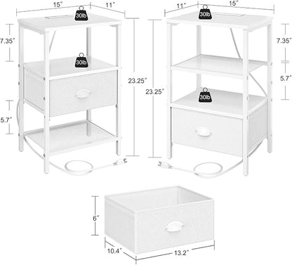 sthmec Nightstands Set of 2, Night Stands with Charging Station and Fabric Drawer PU Finish, Bedside Tables with Drawers, 2-Tier Side Table with Open Shelf, Nightstands with Charging Station,White
