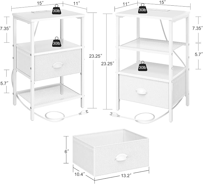 sthmec Nightstands Set of 2, LED Night Stands with Charging Station and Fabric Drawer, Bedside Tables with Drawers, 2- Tier LED Side Table End Table Charging Station Bedroom, White