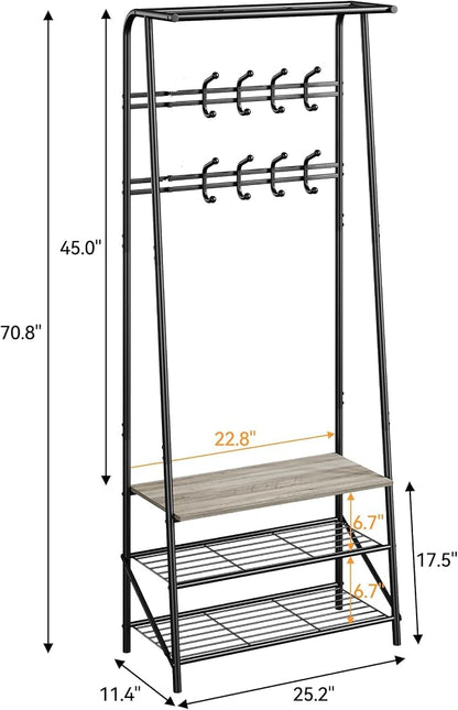 Jojoka Coat Rack Hall Tree with Shoe Storage Bench, 4-in-1 Entryway Organizer with 10 Hooks & 3-Tier Shoe Rack, Sturdy Metal Frame Freestanding Storage Unit for Hallway (Grey-Double Row, 25.2in)