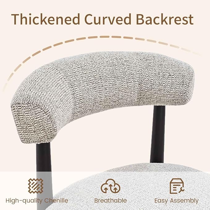 VKNOW Wooden Dining Chairs Set of 2 with Black Rubberwood Legs, Brown | Soft Chenille Fabric, Curved Open Back, Thickened Cushion, For Adults and Family, Dining Room, Kitchen, No Wobble