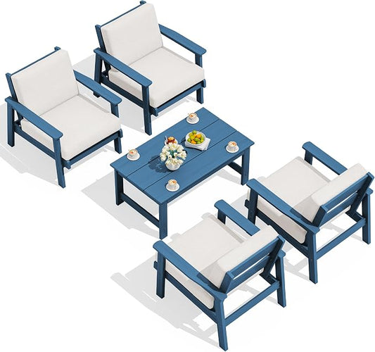 SERWALL Outdoor Patio Furniture Set, 5 Piece HDPE Patio Conversation Sets, All-Weather Wood-Like Outdoor Couch Loveseat and Coffee Table with Thick Cushions for Porch Balcony Garden Backyard