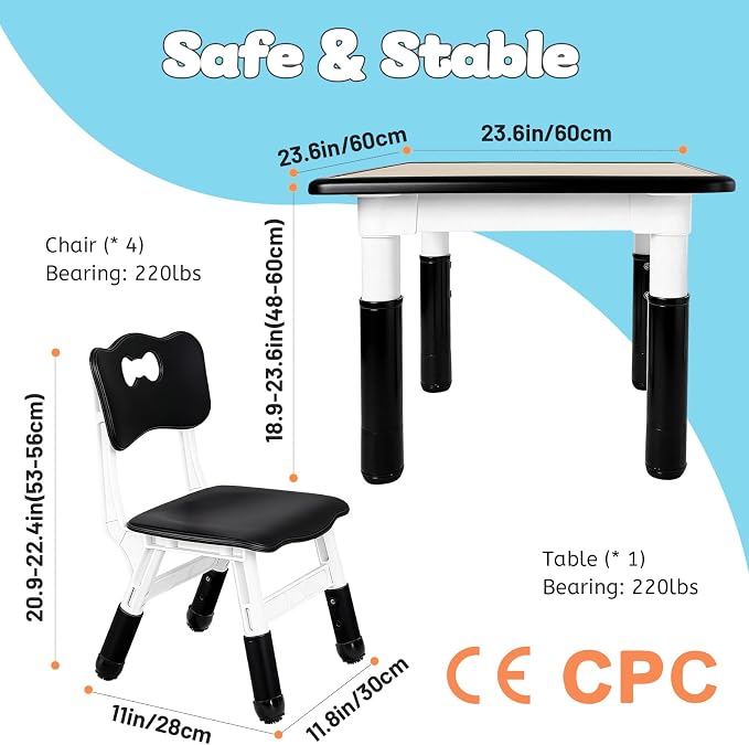 FUNLIO Kids Table and 4 Chairs Set, Height Adjustable Toddler Table and Chair Set for Ages 3-8, Easy to Wipe Arts & Crafts Table, for Classrooms/Daycares/Homes, CPC & CE Approved (5-Piece Set) - Black