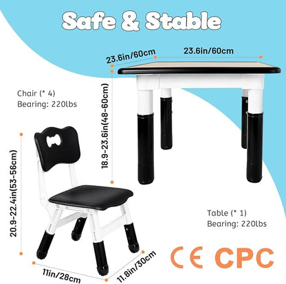FUNLIO Kids Table and 4 Chairs Set, Height Adjustable Toddler Table and Chair Set for Ages 3-8, Easy to Wipe Arts & Crafts Table, for Classrooms/Daycares/Homes, CPC & CE Approved (5-Piece Set) - Black