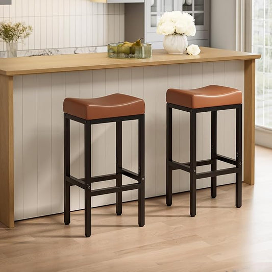 Bar Stools Set of 2-24 Inch Counter Height Chairs for Kitchen Island, Leather Seat with 400 LBS Heavy-Duty Metal Frame and Adjustable Feet, Easy to Assemble for Bar, Café or Dining Room,Brown