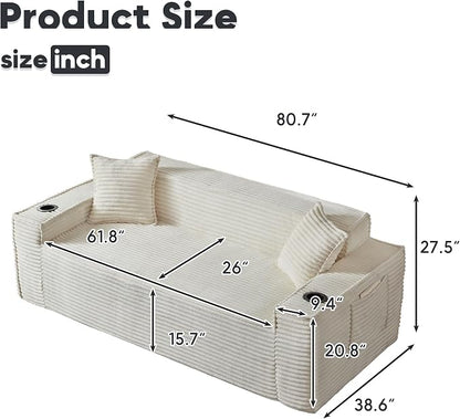 Boneless Sectional Sofa Couch with Cup Holders & Side Pockets, Modern Corduroy Fabric Deep Seat 3-seat Cloud Couch for Living Room Office, No Assembly (White)