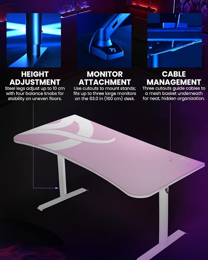 Arozzi Arena Ultrawide Curved Gaming and Office Desk with Full Surface Water Resistant Desk Mat Custom Monitor Mount Cable Management Cut Outs Under The Desk Cable Management Netting - Pink
