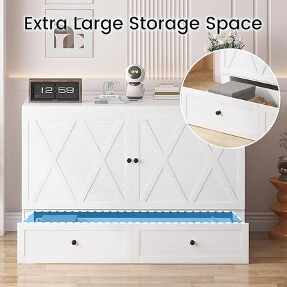 PUREMIND Murphy Bed Queen, X-Farmhouse Frames Cabinet Beds Chest with Charging Station & Storage Drawers, Convertible Hideaway Cabinet Bed for Guest Room, White, Without Mattress
