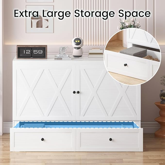 PUREMIND Murphy Bed Queen with Mattress Included, X-Farmhouse Frames Cabinet Beds Chest with Charging Station & Storage Drawers, Convertible Hideaway Cabinet Bed for Guest Room, White