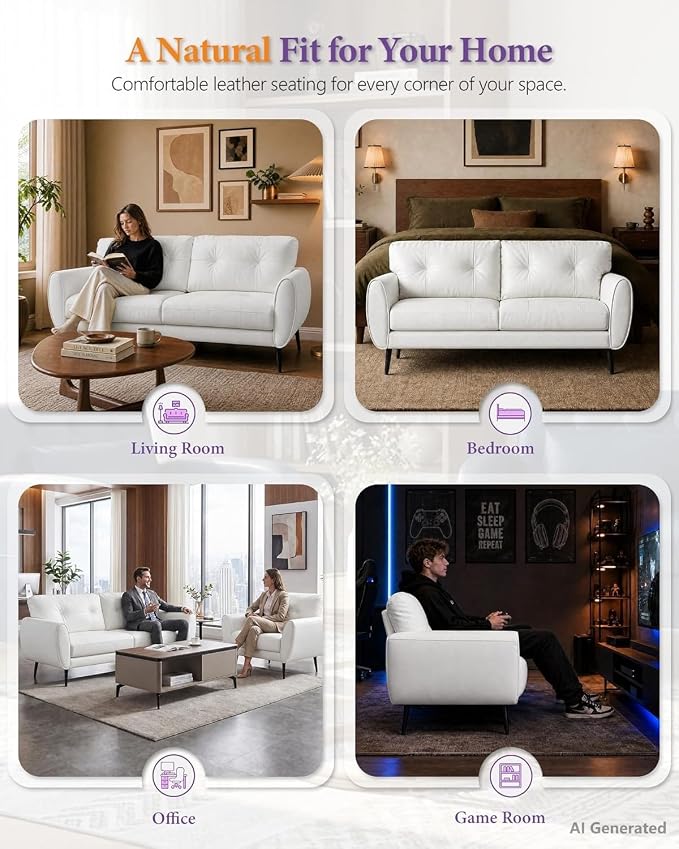 TYBOATLE Mid Century Modern White Leather Couch - 61" Loveseat, Tufted, Comfy 2 Seat Settee for Living Room or Office, Fits Small Spaces, Easy Assembly (2, White)
