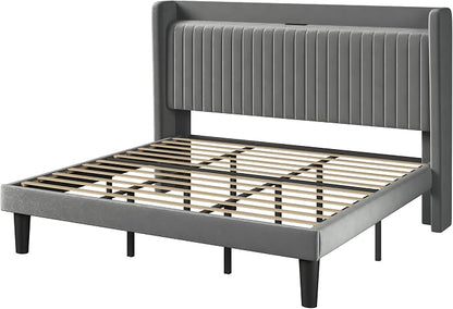 Allewie King Size Platform Bed Frame with USB Charging Station and Storage Shelf/Upholstered Velvet Wingback Headboard/Wooden Slats Support/No Box Spring Needed/Easy Assembly, Grey