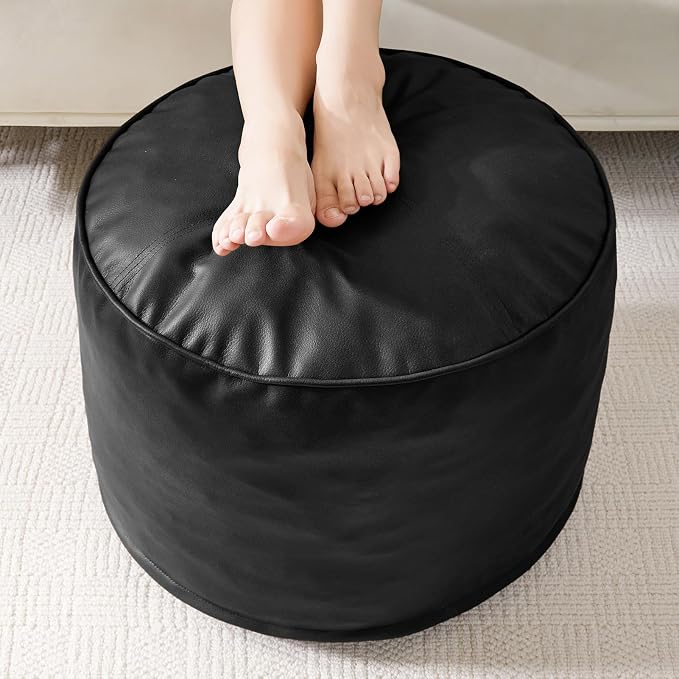HIGOGOGO Round Stuffed Pouf Ottoman, Pu Leather Poufs with Foam Chunk Filling, Furry and Fluffy Pouf Foot Stool Storage Ottoman, 26 X 18 Floor Poufs Foot Rest for Living Room, Black