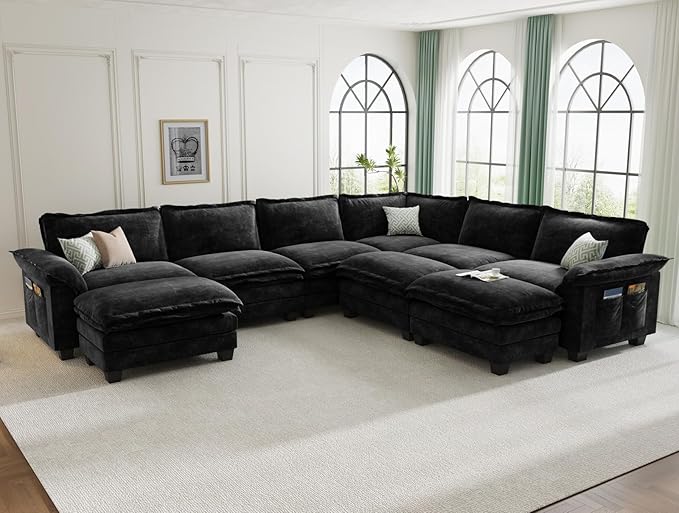 KKL Large J-Shaped Modular Sectional Sofa, 9 Seater Cloud Couch with Ottoman, Chenille Sectional Couches for Living Room, Apartment, Black