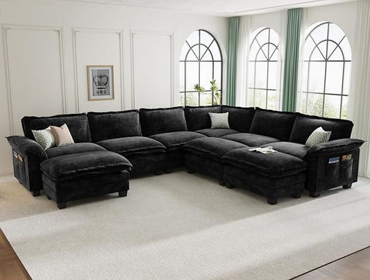 KKL Large J-Shaped Modular Sectional Sofa, 9 Seater Cloud Couch with Ottoman, Chenille Sectional Couches for Living Room, Apartment, Black