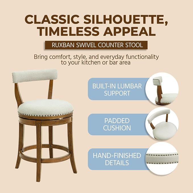 ROME + OAK Ruxban 26" Counter Stool, Low Back Swivel Barstools in Weathered Oak Finish with Sand Fabric Upholstery Seat - Indoor Home Furniture