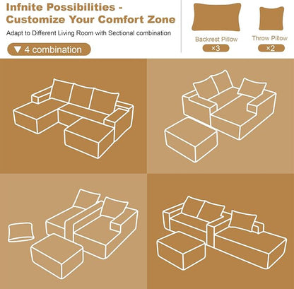 108" Sectional Couches for Living Room Modern Modular Sofa with L-Shape Couchs Upholstered Boneless Couch Deep Seat Sectional Couch with Chaise (Camel, 108"Left facing chaise+2Seaters+1Ottoman)