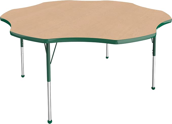 FDP Flower Activity School and Office Table (60 inch), Standard Legs with Ball Glides for Collaborative Seating Environments, Adjustable Height 19-30 inches - Maple Top and Green Edge