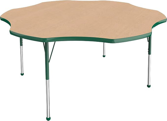 FDP Flower Activity School and Office Table (60 inch), Standard Legs with Ball Glides for Collaborative Seating Environments, Adjustable Height 19-30 inches - Maple Top and Green Edge