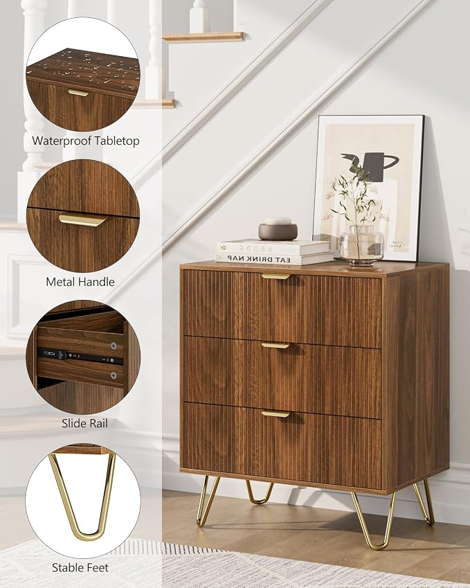 Walnut Dresser for Bedroom, Modern Fluted 3 Drawer Dresser with Storage, Dresser Chest of Drawers with Gold Handles for Bedroom, Living Room, Closet, Hallway, 15.8" D x 23.6" W x 27.6" H