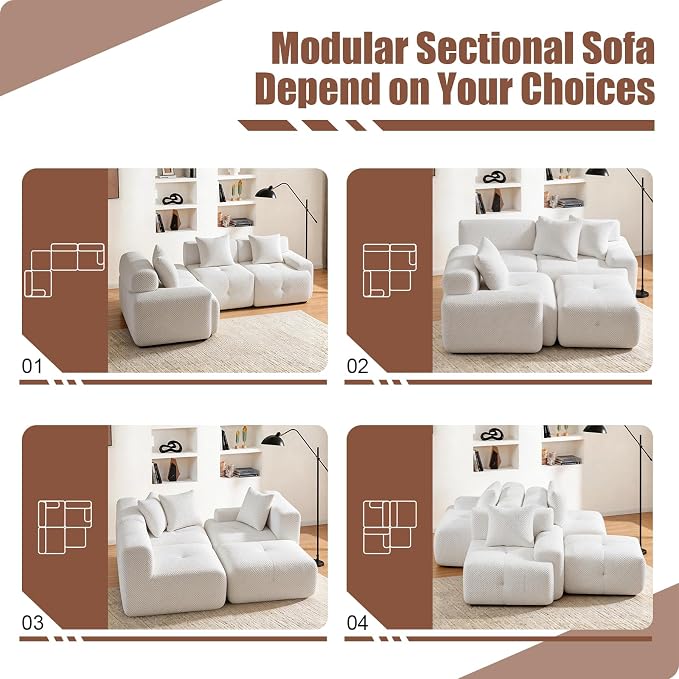 135" Cloud Couch Sectional with 2 Ottoman, U-Shaped Boneless Sofa,Modern Modular Couch, Pineapple Grid Fabric with Foam & Spring Filling for Living Room, No Assembly Required (White, 4seates)