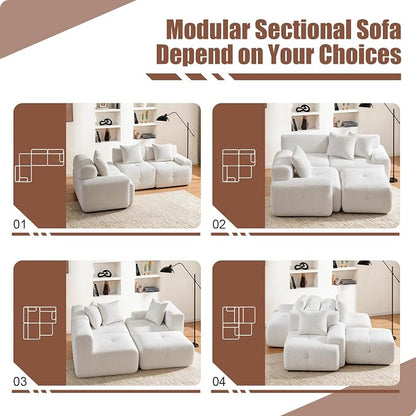 135" Cloud Couch Sectional with 2 Ottoman, U-Shaped Boneless Sofa,Modern Modular Couch, Pineapple Grid Fabric with Foam & Spring Filling for Living Room, No Assembly Required (White, 4seates)