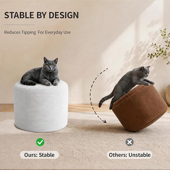 Stuffed Pouf Ottoman Foot Rest with 2.8-inch Solid Foam Base | Odorless Filling Resists Clumping, Washable Corduroy Cover, Round Foot Stool for Living Room Couch Lounging and Home Decor