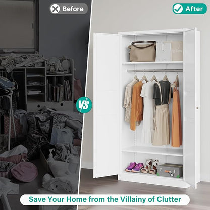 Metal Wardrobe Cabinet,Armoire Wardrobe Closet with doors,White Metal Clothing Storage Cabinet with Adjustable Shelves and Hanging Rod,72" Tall Cloth Storage Cabinets for Home,Bedroom Armoires,Laundry