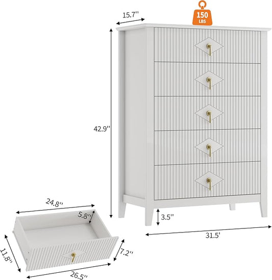 GarveeHome Fluted Dresser for Bedroom, 42.9" Tall 5-Drawer Wood Dresser, Modern Chest of Drawers, Storage Organizer Cabinet for Living Room, Hallway, Entryway, White