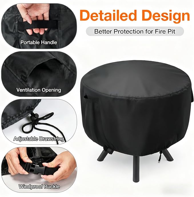 POMER Patio Fireplace Cover, Round Fire Pit Cover for Outdoor Fireplace Waterproof Heatwave Fire Bowl Cover Round