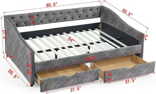 KEIKI Full Size Upholstery Daybed with 2 Drawers and Headboard, Mid-Century Style Tufted Sofa Bed with Button on Back, Easy Assembly, No Box Spring Required, for Living Room and Bedroom, Dark Grey