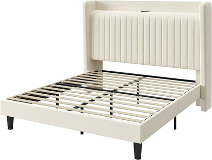 SHA CERLIN Queen Size Velvet Bed Frame with USB Charging Station, Wingback Storage Headboard, Upholstered Platform Bed with Wooden Slats Support, No Box Spring Needed, Easy Assembly, Cream White