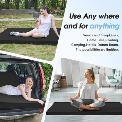 CYMULA 3 Inch Memory Foam Camping Pad, Camping Essentials Roll Up Floor Mat for Car Camping, Cot, Tent, Truck, Travel and Guest Use, Non-Slip Waterproof Bottom, Removable Cover