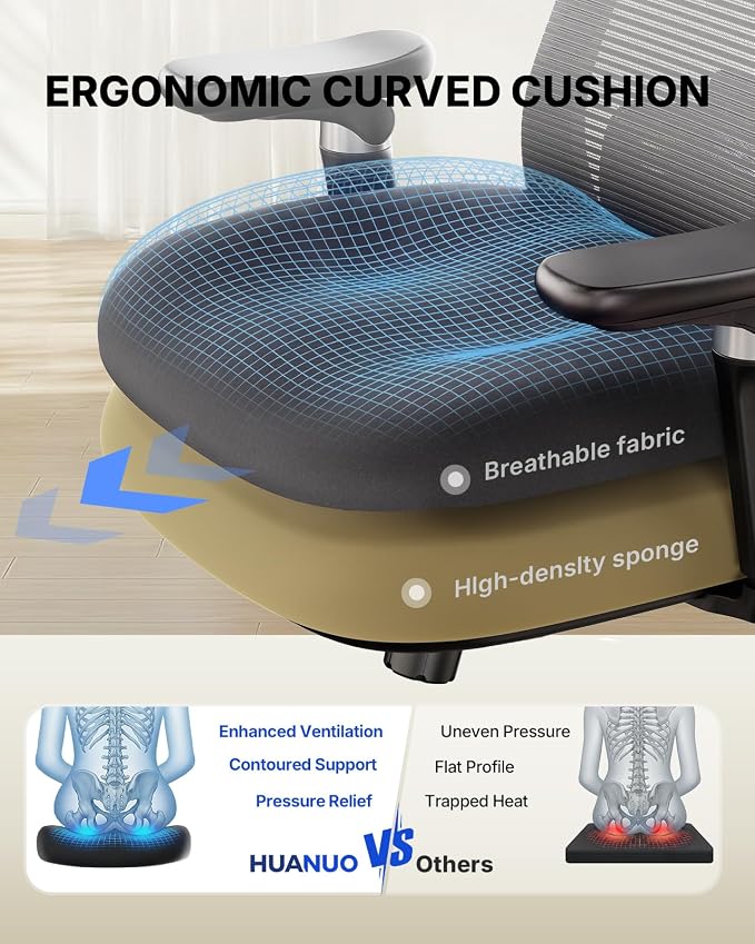 HUANUO Ergonomic Office Chair with 6D Armrest, Seat Depth Adjustment, Lumbar Support, Quiet Rubber Caster, High Back Mesh Gaming Chair with 3D Headrest, Big and Tall Chair for Home Office, Pack of 8