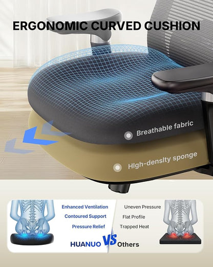 HUANUO Ergonomic Office Chair with 6D Armrest, Seat Depth Adjustment, Lumbar Support, Quiet Rubber Caster, High Back Mesh Gaming Chair with 3D Headrest, Big and Tall Chair for Home Office, Pack of 4