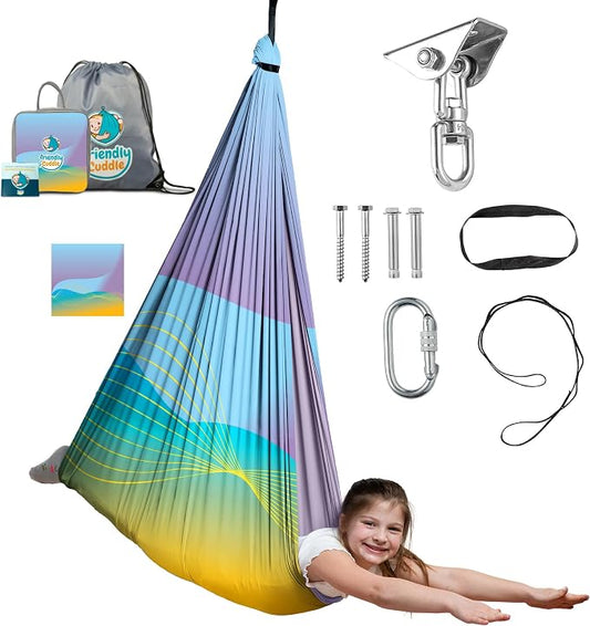 Indoor Sensory Swing for Kids or Outdoor – Holds 300lbs, Double-Layer, & 360° Swivel, Calming Compression Therapy Swing Hammock for Kids & Adults with All Hardware – Sensory-Motor Toys & Gifts