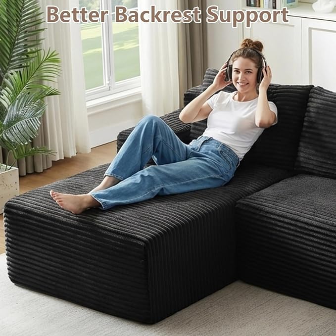 96" Cloud Sectional Couch U-Shaped Chaise with Ottoman, Corduroy Boneless Couch for Living Room Bedroom, Deep-Seat Upholstered Modular Cloud Sofa, No Assembly Required (Black, Left Facing Chaise)