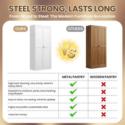 Metal Storage Cabinet, 61" Tall Kitchen Pantry Cabinet with 2 Doors and 4 Adjustable Shelves, White Steel Storage Cupboard for Dining, Office, Living Room, Bathroom