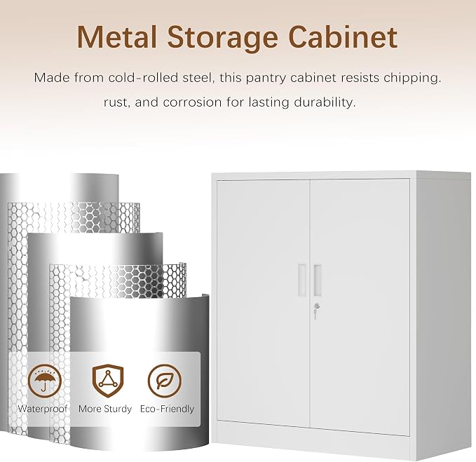 Metal Storage Cabinet, 36" H Locking Storage Cabinet, Metal Storage Cabinet with Locking Doors for Home, School, Office, Garage, White