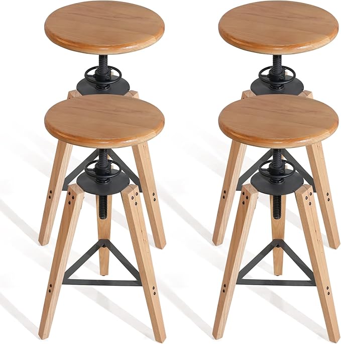 4-Piece Adjustable Height Swivel Bar Stool - Industrial Rustic Style, Solid Oak Wood Seat and Frame, 24.8"-28.7", Natural Finish, Anti-Slip Pads - Perfect for Kitchen, Bar, Counter, Home - Heavy Duty