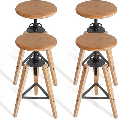 4-Piece Adjustable Height Swivel Bar Stool - Industrial Rustic Style, Solid Oak Wood Seat and Frame, 24.8"-28.7", Natural Finish, Anti-Slip Pads - Perfect for Kitchen, Bar, Counter, Home - Heavy Duty