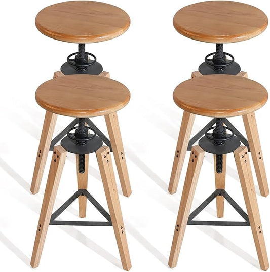 4-Piece Adjustable Height Swivel Bar Stool - Industrial Rustic Style, Solid Oak Wood Seat and Frame, 24.8"-28.7", Natural Finish, Anti-Slip Pads - Perfect for Kitchen, Bar, Counter, Home - Heavy Duty