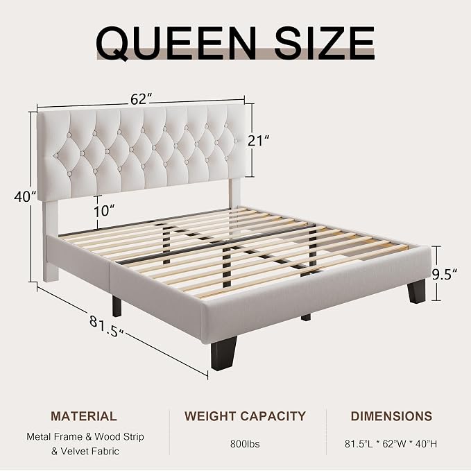 Einhomn Queen Upholstered Bed Frame with Headboard, Button Tufted Linen Bed Base, Platform Bed with Wood Slat, Heavy Duty, Easy Assembly, No Box Spring Needed, White