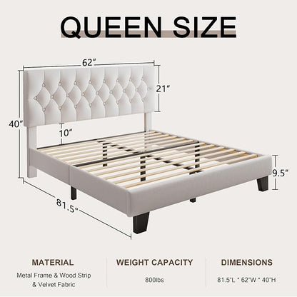Einhomn Queen Upholstered Bed Frame with Headboard, Button Tufted Linen Bed Base, Platform Bed with Wood Slat, Heavy Duty, Easy Assembly, No Box Spring Needed, White