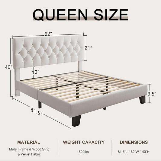 Einhomn Queen Upholstered Bed Frame with Headboard, Button Tufted Linen Bed Base, Platform Bed with Wood Slat, Heavy Duty, Easy Assembly, No Box Spring Needed, White