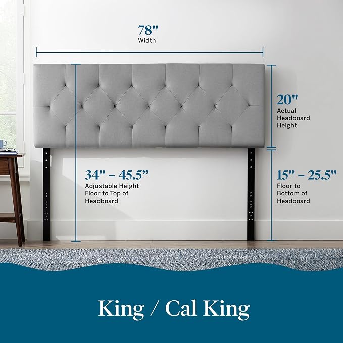 Lucid Mid-Rise Upholstered Headboard - Diamond Tufted - Padded Polyester - Adjustable Height from 34” to 46” - Easy Assembly - Bed Frame or Wall Mount - Sturdy - Stone - King / Cal King Size