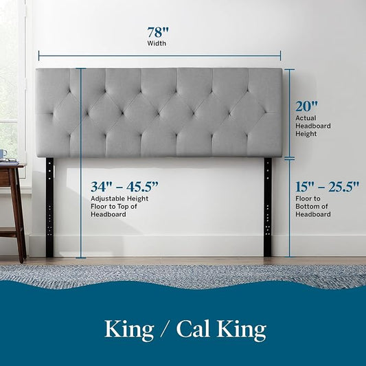 Lucid Mid-Rise Upholstered Headboard - Diamond Tufted - Padded Polyester - Adjustable Height from 34” to 46” - Easy Assembly - Bed Frame or Wall Mount - Sturdy - Stone - King / Cal King Size