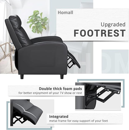 Homall Recliner Chair, Recliner Sofa for Adults, Recliners Home Theater Seating with Lumbar Support, Reclining Sofa Chair for Living Room (Leather, Dark Black)